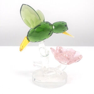 Sorelle Crystal Green Hummingbird Figurine Pink Flower Rare Signed 4 -3/4" H